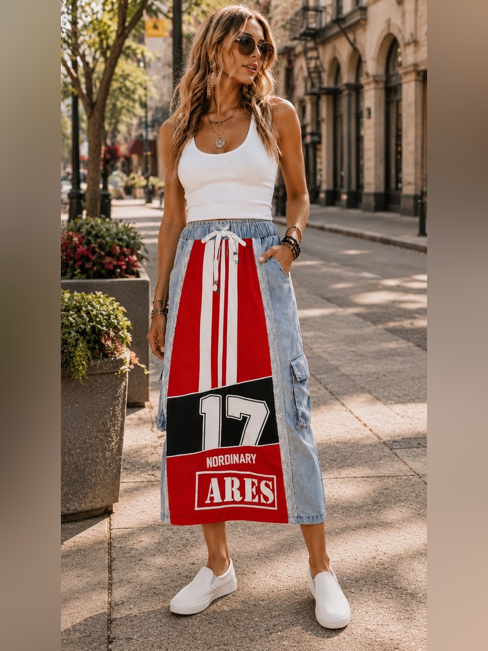 Graphic Patchwork Maxi Skirt with Drawstring Waist various sizes